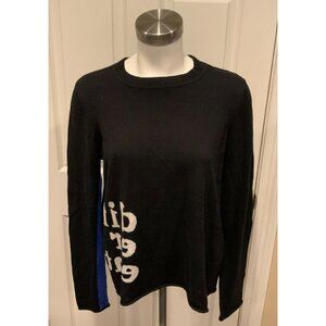 Lisa Todd Black Sweater W/ Blue Trim & White Lettering, Size Medium